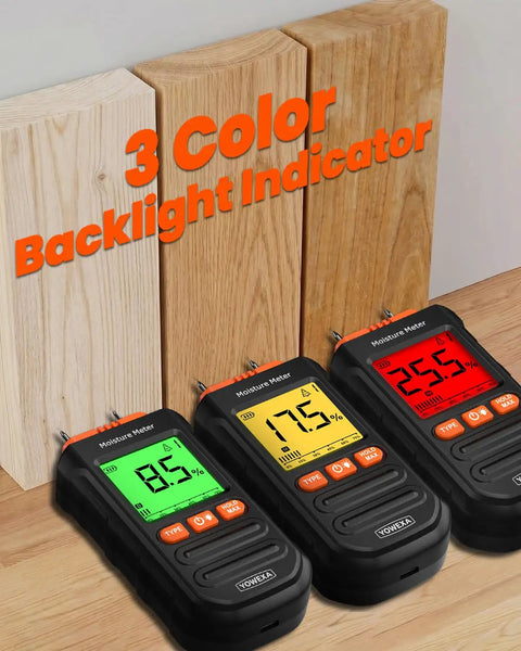 Pin Type Wood Moisture Meter For Firewood And Lumber With Drywall And Building Materials Readings, Direct Contact Pins, 0.0 To 58.0 Percent Range, Two Percent Accuracy, Seven Material Modes For Fast DIY And Pro Timber Checks, three meters with backlit LCD