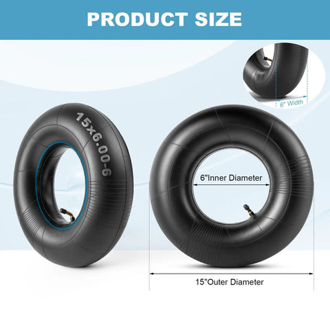 Built Tough 15x6.00-6 Inner Tubes With TR-87 Bent Valve Stem showing dimensions and size details, angle view, 2 pack