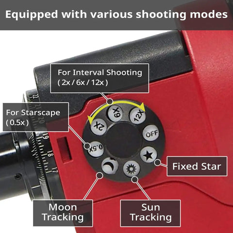 Dial showcasing 8 different modes on SkyMemo S Portable Auto-Tracking Platform For Astrophotography In Red Your Go-To Setup.