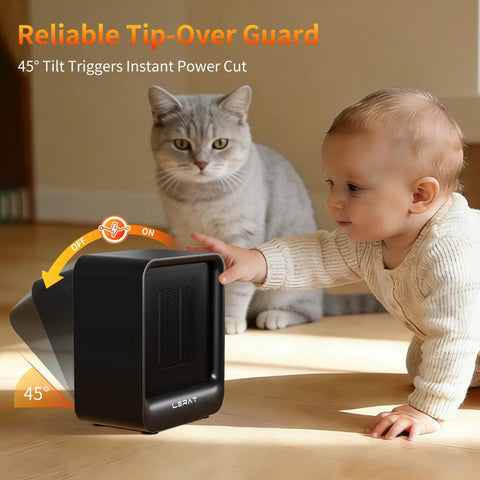 Ultra Compact 500W Desk Space Heater With Quiet Electric Heating And PTC Ceramic Core Safe Tip Over And Overheat Protection Small Portable Personal Heater For Office Dorm Bedroom Home Quick Warmth In Minutes next to baby and cat.