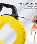 Heavy Duty 164 Foot Fiberglass Fish Tape Cable Puller Kit Featuring A Spring Drum Reel And Non Conductive Core showing metal pulling head and grip.