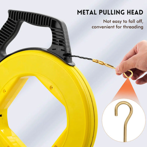 Heavy Duty 164 Foot Fiberglass Fish Tape Cable Puller Kit Featuring A Spring Drum Reel And Non Conductive Core showing metal pulling head and grip.