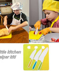 Higoney kids kitchen knife set on a yellow cutting board; three plastic toddler-safe knives with colored handles