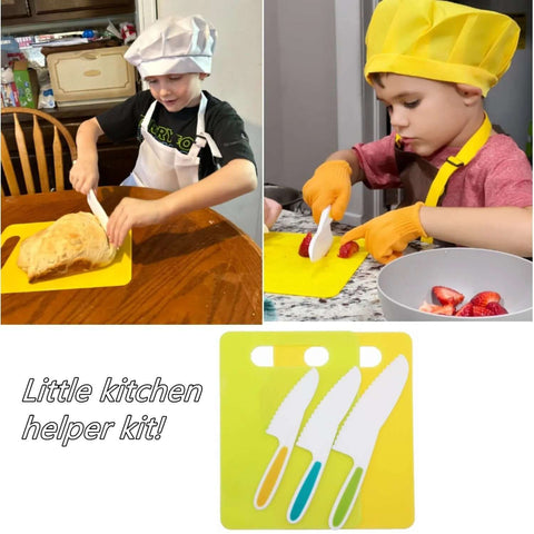 Higoney kids kitchen knife set on a yellow cutting board; three plastic toddler-safe knives with colored handles