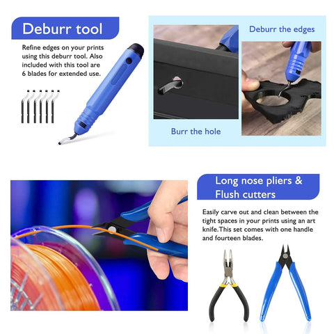 YEETIN 45-piece 3D printer tools kit with blue deburring tool, digital caliper, knife, tube cutter, pliers, storage bag