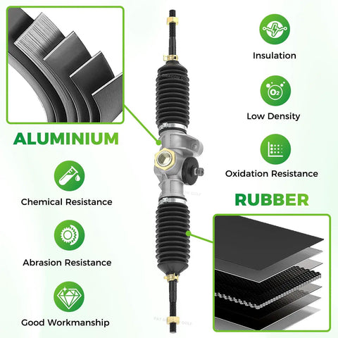 Club Car Precedent Steering Rack And Tempo Steering Gear Box for 2004 up Precedent and 2018 up Tempo featuring aluminum and rubber materials.