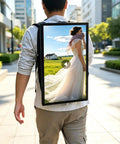 Mobile Digital Backpack Billboard With Slick 21 Inch Hd Lcd Screen and Hella Bright 600 Nit Output on a person walking outdoors.