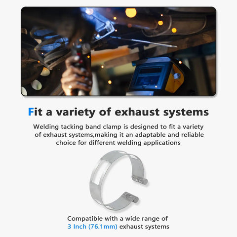 Heavy Duty 3 Inch Stainless Steel Exhaust Tacking Band Clamp Locks Down Tight For Zero Fuss Weld Setup And Dead Straight Pipe Fitment On Your Custom Exhaust Build Projects Today, shown in use with welding equipment.