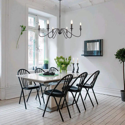 Dining room with Six Light Wrought Iron Farmhouse Pendant Chandelier With Classic Candle Style For Kitchen Island Dining Room And Living Room Black Matte Finish Easy Install And Low Maintenance