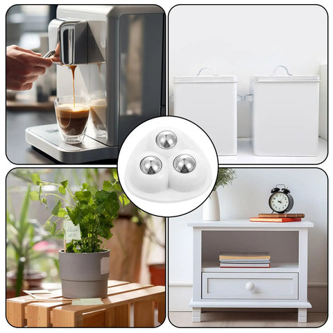 Eight Pack Heavy Duty Appliance Sliders With Super Grip Adhesive Tape For Kitchen Countertops Coffee Maker Blender Oven Glide Smooth As Butter Zero Hassle Setup White with coffee machine, bins, and potted plant.