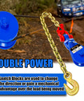 2 Ton Snatch Block With G80 Chain For Three Eighths Inch Wire Rope, 3 Inch Sheave in use with towing truck.