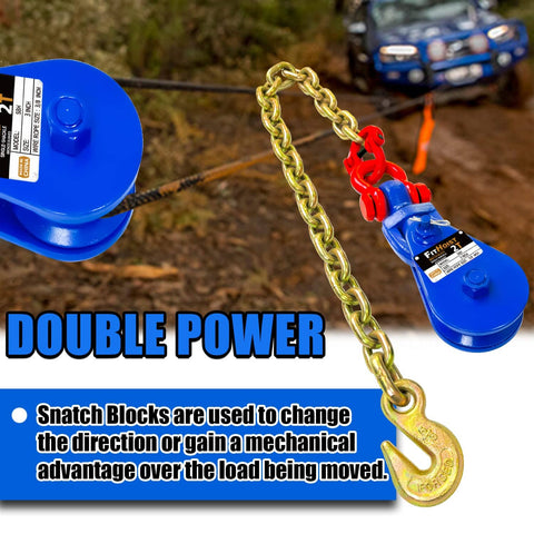 2 Ton Snatch Block With G80 Chain For Three Eighths Inch Wire Rope, 3 Inch Sheave in use with towing truck.