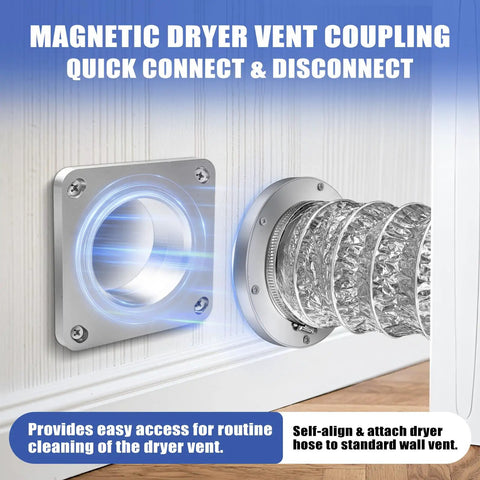 Magnetic Dryer Vent Coupler For 4 Inch Hose With Self-Connect Magnetic Connector Kit in silver shown connecting to wall vent.