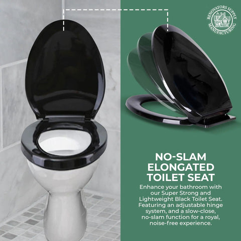 Soft Close Elongated Toilet Seat In Black With Quiet Close Lid, Contoured Comfort, Easy Install, Grip-Tight Bumpers in bathroom