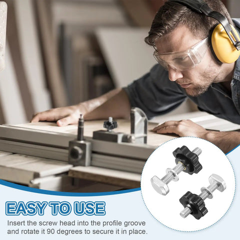 Top Shelf M6 X 40mm T Track Bolts And Six Way Knobs, 10 Piece 304 Stainless Steel Hardware Pack For Woodworking Jigs, with smooth grips and in use during assembly.