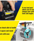 Mini Metal Lathe Machine 1100W With 220mm Swing Over Bed And 750mm Between Centers Variable Speed Digital Display showcasing 4-way tool post and 3-jaw chuck.