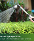 Beefy Heavy Duty 16 Inch Metal Watering Wand With 8 Spray Patterns in use on garden shrubs