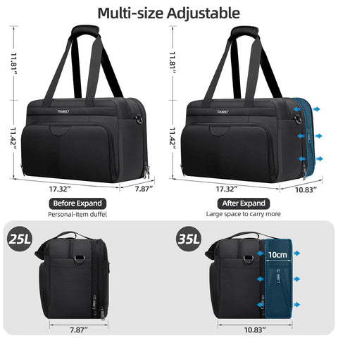 Go-To Carry On Luggage Duffel Bag For Travel, Weekender Tote That Fits Underseat, 25L to 35L expandable, size 17.3 x 7.9 x 11.4 inches.