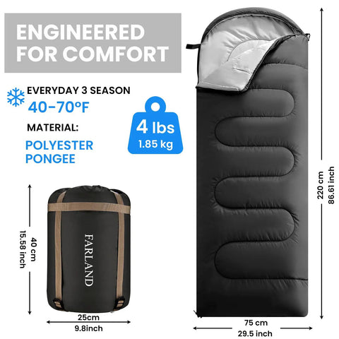 3-4 Season Sleeping Bag For Adults And Kids, Lightweight Camping Gear With Compression Sack, 87 X 29.5 Inches, 32F Temperature Rating