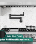 Heavy Duty Wall Mount Pot Filler Reaching 19 Inch Matte Black Kitchen Faucet With American Standard High Flow Design And Badass Reach Spout Built Tough For Every Cook mounted above stove.