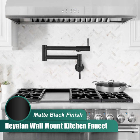 Heavy Duty Wall Mount Pot Filler Reaching 19 Inch Matte Black Kitchen Faucet With American Standard High Flow Design And Badass Reach Spout Built Tough For Every Cook mounted above stove.
