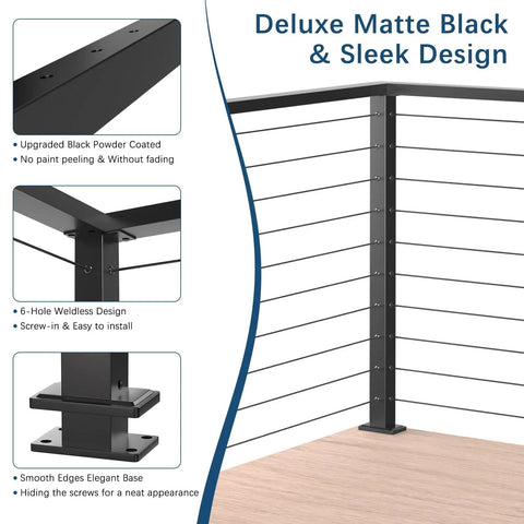 Slick Black 36 Inch Cable Railing Corner Post Featuring Ten Pre Drilled Deck Mounting Holes, sleek 6-hole design.