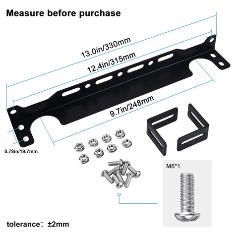 13 Inch Aluminum Oil Cooler Mounting Bracket Kit For British Style Oil Coolers 330mm Length Black Finish Built Tough Aluminum Alloy Construction M6x1 Screws Included shown with components.