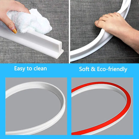 Collapsible 67 Inch Shower Threshold Water Dam Barrier for Wet Dry Separation showing cleaning ease and flexibility on gray surface.