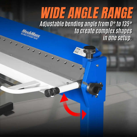 50 Inch Foot Clamp Pan And Box Brake For Light Duty Sheet Metal Folding Pro Grade Performance showing adjustable wide angle range