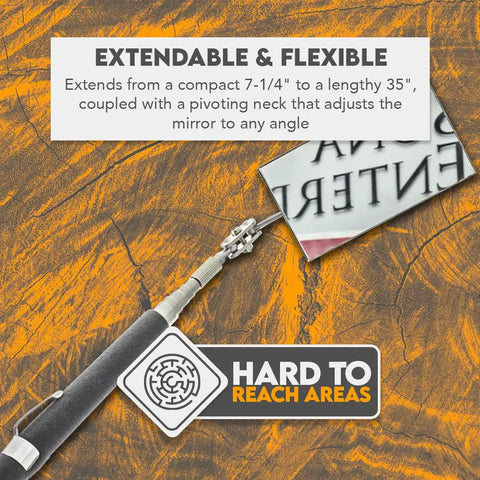 Telescoping 33 Inch Rectangular Inspection Mirror With Cushioned Grip Handle Adjustable Pivot Neck Extends From 7.25 Inches To 35 Inches Your Go To Tool For Automotive Work Home Inspections And Reaching Tight Spots showing adjustable shaft and mirror on fabric