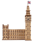 Big Ben 3D Puzzle Kit With 63 Pieces 7.12 Inch Brown Wooden Model Of Parliament Clock Tower DIY Wood Craft For Builders And History Buffs Dope And Easy Addictive Home Display Or Desk Decor, front view with UK flag