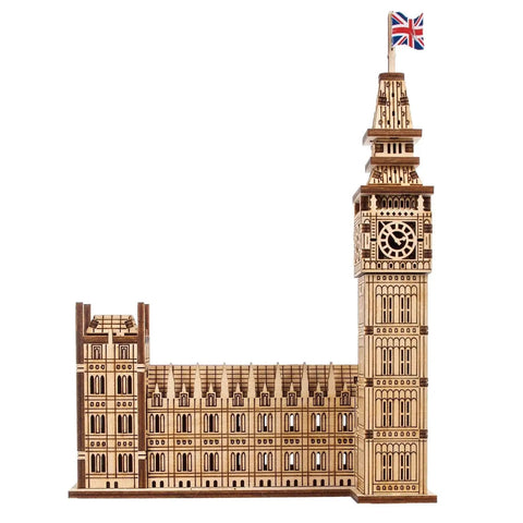 Big Ben 3D Puzzle Kit With 63 Pieces 7.12 Inch Brown Wooden Model Of Parliament Clock Tower DIY Wood Craft For Builders And History Buffs Dope And Easy Addictive Home Display Or Desk Decor, front view with UK flag