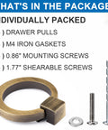 Package contents showing Brushed Oil Rubbed Bronze Cabinet Ring Pulls Set Of 4, screws, and gaskets for easy installation.