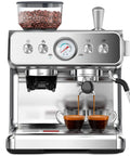 No Sweat Home Espresso Maker With Heavy Duty Grinder And Clog Buster Chamber Includes Quick Steam Milk Frother Wand And Turbo Heat Boiler For Deep Lattes And Frothy Cappuccinos In Urban Silver with espresso cups and beans.