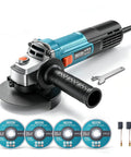 Professional Grade 4 1 2 Inch Corded Angle Grinder with discs and tool, designed for cutting and grinding tasks.