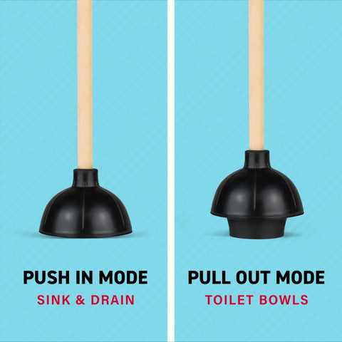 Beefy Heavy Duty Toilet Plunger With Solid Wood Handle And Double Thrust Rubber Cup 22 Inch Built For Commercial Grade Use In Restrooms And Homes Tough On Clogs Long Lasting, showing two modes: push in for sinks and drains, pull out for toilet bowls.