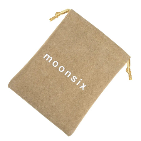 Sleek beige velvet bag featuring the word 'moonsix' for stylish storage of items, designed for gifting or organization.