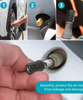 Pro Grade Copper Alloy Tire Valve Caps Set For Toyota Corolla RAV4 Highlander And Other Toyota Models, Leak Proof And Corrosion Resistant Valve Stem Caps In Black, 4 Pack, Durable Car Tire Accessories For Leak Prevention And Rust Protection shown in black finish on tire valves