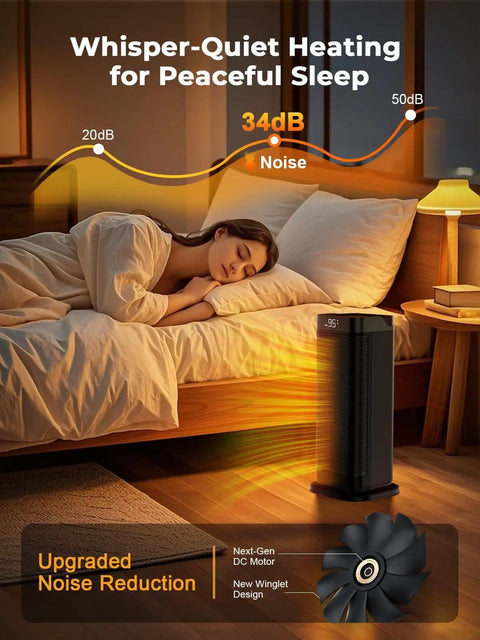 Indoor Space Heater 1500W Portable With Remote And Thermostat, right side view next to bed showing quiet operation in bedroom