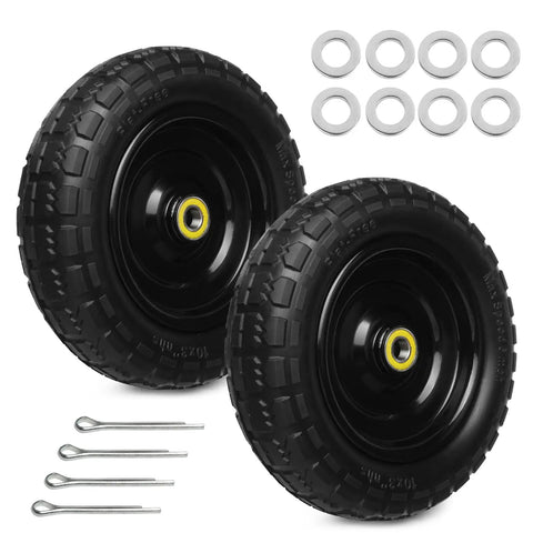 Flat Free 10 Inch Solid Rubber Wheel Set For Garden Carts And Hand Trucks, Puncture-Resistant Foam Tires In 4.10 By 3.50-4, Two Pack