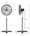 24 Inch Industrial Pedestal Fan With 7600 CFM High Velocity Airflow, Heavy Duty Standing Metal Fan with measurements visible