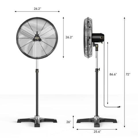 24 Inch Industrial Pedestal Fan With 7600 CFM High Velocity Airflow, Heavy Duty Standing Metal Fan with measurements visible