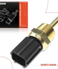 Front view of A-Premium engine coolant temperature sensor with brass threaded body and black connector beside box.