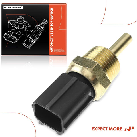 Front view of A-Premium engine coolant temperature sensor with brass threaded body and black connector beside box.