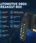 OBD2 Breakout Box for Automotive Diagnostics With OBDII Protocol Detection and CAN 16 Pin Connector displayed with features