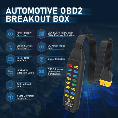 OBD2 Breakout Box for Automotive Diagnostics With OBDII Protocol Detection and CAN 16 Pin Connector displayed with features