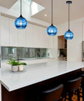 Two Pack Blue Glass Pendant Lights With Round Shade, Modern Hanging Fixture For Kitchen Island, Easy Install, Bright Glow