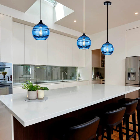 Two Pack Blue Glass Pendant Lights With Round Shade, Modern Hanging Fixture For Kitchen Island, Easy Install, Bright Glow
