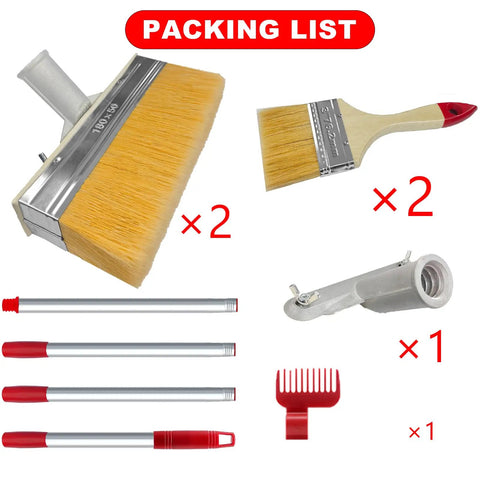 Two Pack Deck Stain Brush Set with threaded long handle, 7-inch stain applicator, 60-inch extension pole, and 3-inch paint brushes.