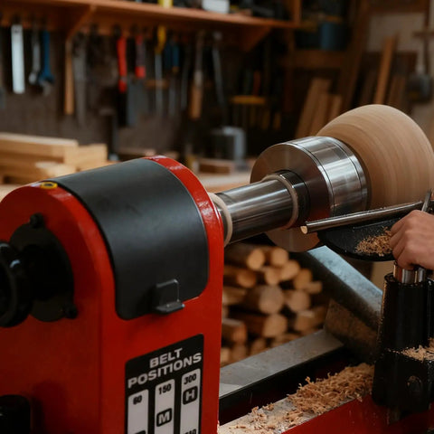 Wood Lathe Spindle Extenders One And One Quarter Inch Eight TPI Adds Three Inches Of Reach for Chuck shown in use on lathe.